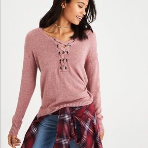 AEO pink sweater with criss cross neck!